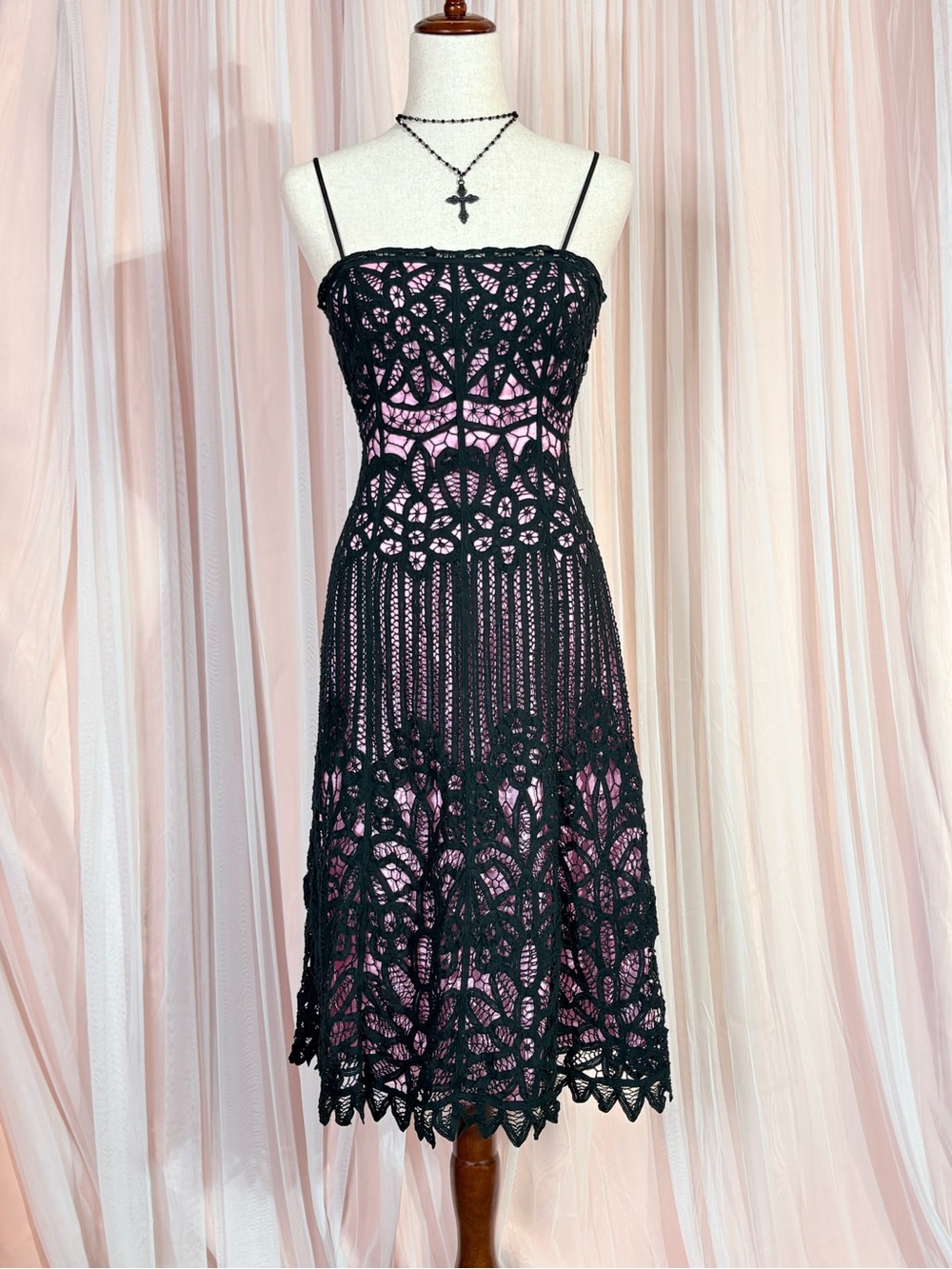 Betsey Johnson Black Lace Midi Dress with Pink Lining New York label Y2K